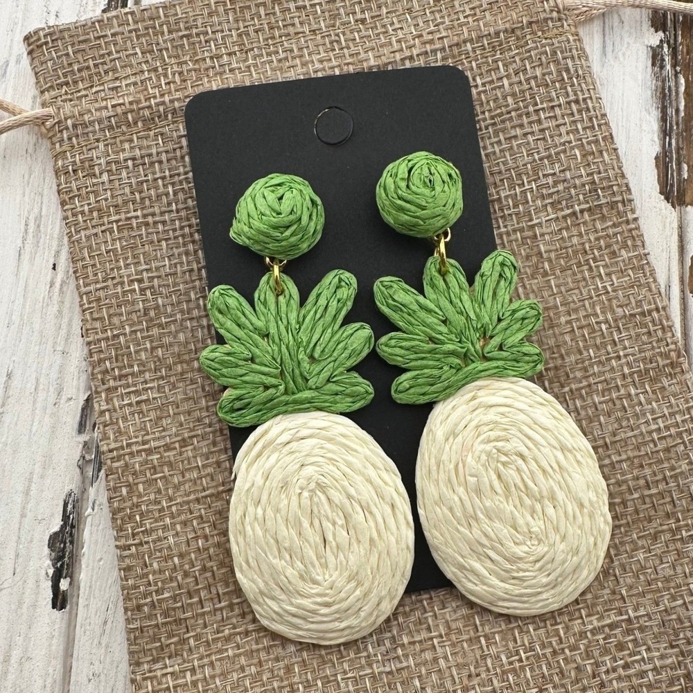Pineapple Raffia Braided Earrings Ivory & Green NEW